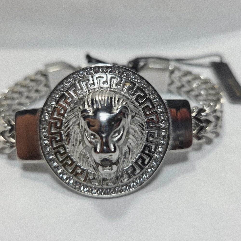 NWT ANTHONY JACOBS STAINLESS DOUBLE ROW CHAIN LION HEAD BRACELET 9" - Picture 5 of 6